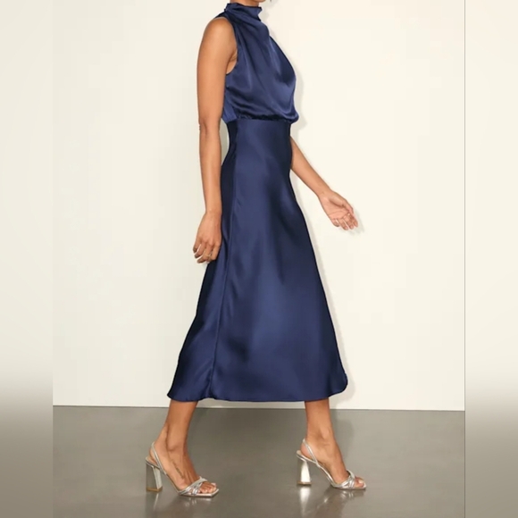 Lulus Women's Distinctive Charm Navy Blue Satin Asymmetrical Midi Dress, XS - Picture 4 of 10